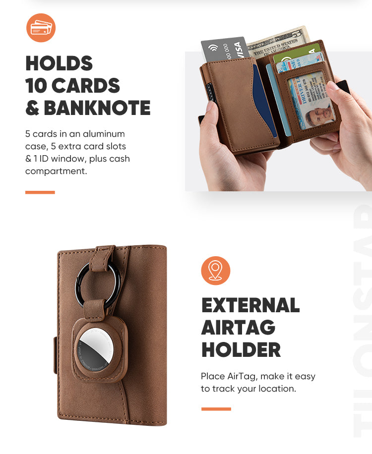 TVC317- Side Slider Mechanism, Bifold Leather Credit Card Holder Wallet With AirTag Protection Case