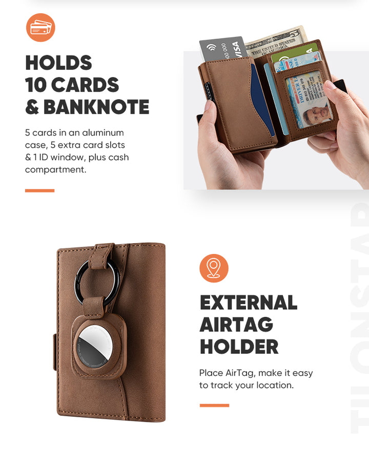TVC317- Side Slider Mechanism, Bifold Leather Credit Card Holder Wallet With AirTag Protection Case