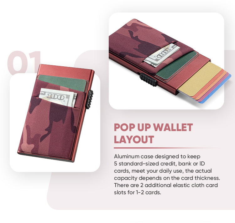 TVC319- Aluminum Pop Up Card Holder Camouflage Elastic Cloth Slot For Cash & Coins