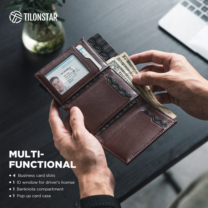 TVC208P - Genuine Leather Tri-fold Pop Up Card Wallet,TILONSTAR
