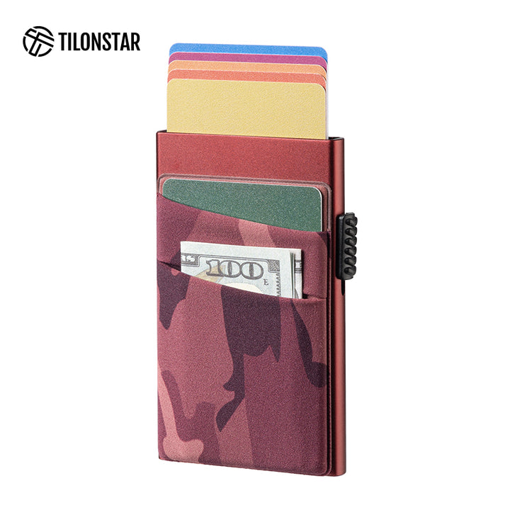 TVC319- Aluminum Pop Up Card Holder Camouflage Elastic Cloth Slot For Cash & Coins