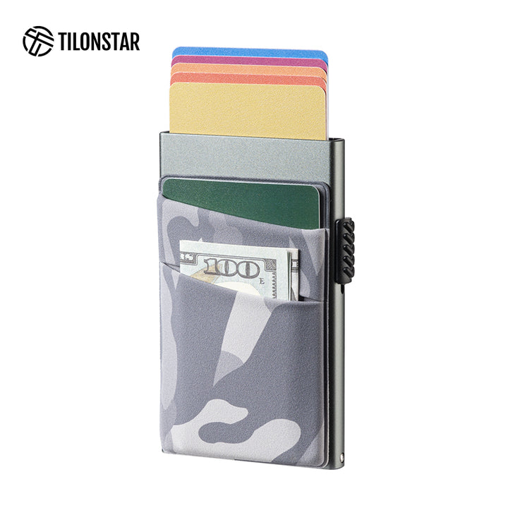 TVC319- Aluminum Pop Up Card Holder Camouflage Elastic Cloth Slot For Cash & Coins