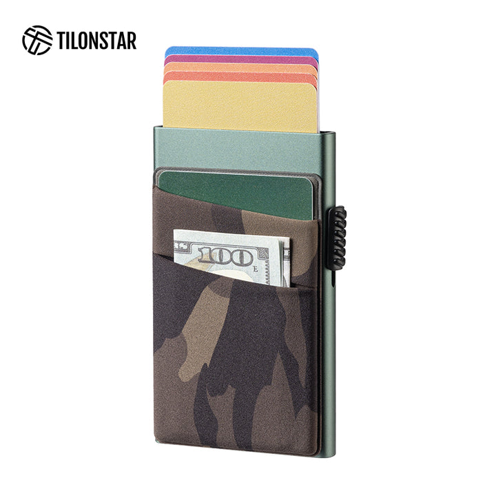 TVC319- Aluminum Pop Up Card Holder Camouflage Elastic Cloth Slot For Cash & Coins