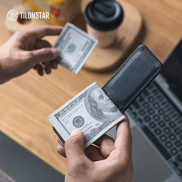 TMC101P - Minimalist Genuine Leather Magnetic Money Clip for Credit Card & Cash