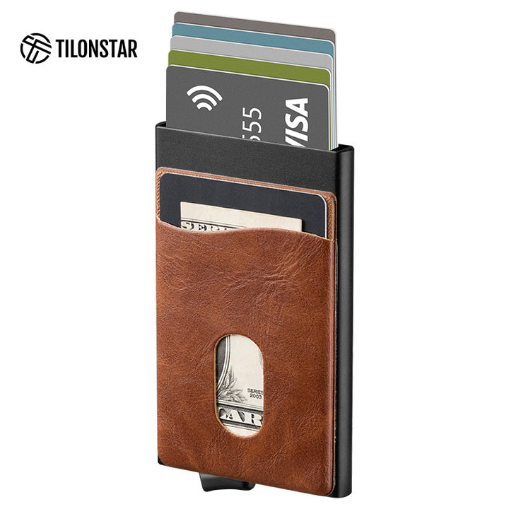 TVC105 Card Holder - Aluminum Pop Up Wallet Extra Leather Pocket For Cash,TILONSTAR