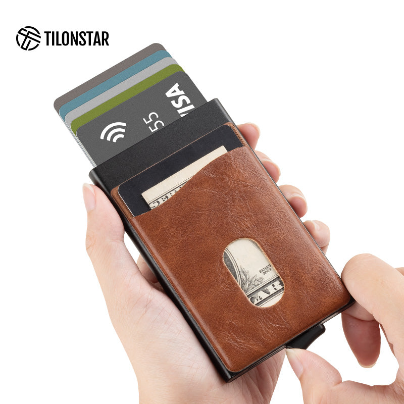 TVC105 Card Holder - Aluminum Pop Up Wallet Extra Leather Pocket For Cash,TILONSTAR