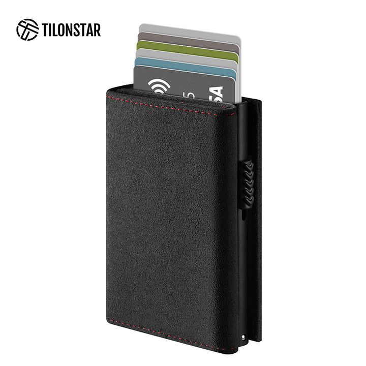 TVC302A Card Holder - Alcantara Leather, Banknote Pocket, Back Zipper Slot, Magnetic Strip Closure Tri-fold Wallet