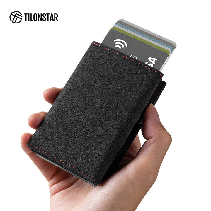 TVC302A Card Holder - Alcantara Leather, Banknote Pocket, Back Zipper Slot, Magnetic Strip Closure Tri-fold Wallet
