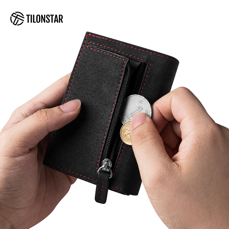 TVC302A Card Holder - Alcantara Leather, Banknote Pocket, Back Zipper Slot, Magnetic Strip Closure Tri-fold Wallet