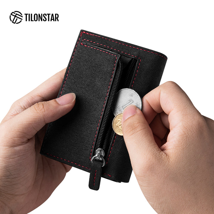 TVC302A Card Holder - Alcantara Leather, Banknote Pocket, Back Zipper Slot, Magnetic Strip Closure Tri-fold Wallet