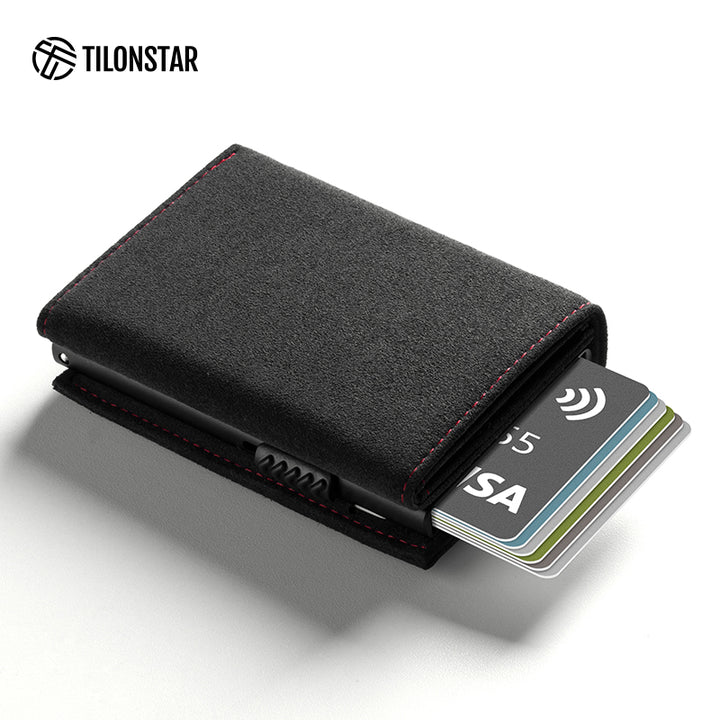 TVC302A Card Holder - Alcantara Leather, Banknote Pocket, Back Zipper Slot, Magnetic Strip Closure Tri-fold Wallet