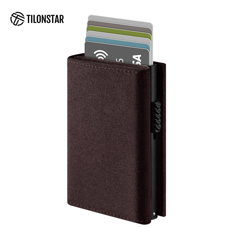 TVC302A Card Holder - Alcantara Leather, Banknote Pocket, Back Zipper Slot, Magnetic Strip Closure Tri-fold Wallet