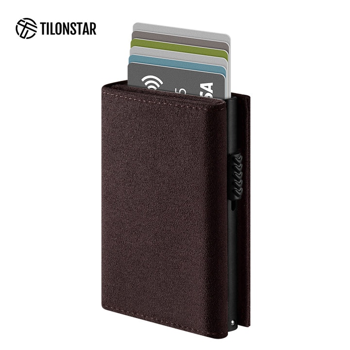TVC302A Card Holder - Alcantara Leather, Banknote Pocket, Back Zipper Slot, Magnetic Strip Closure Tri-fold Wallet
