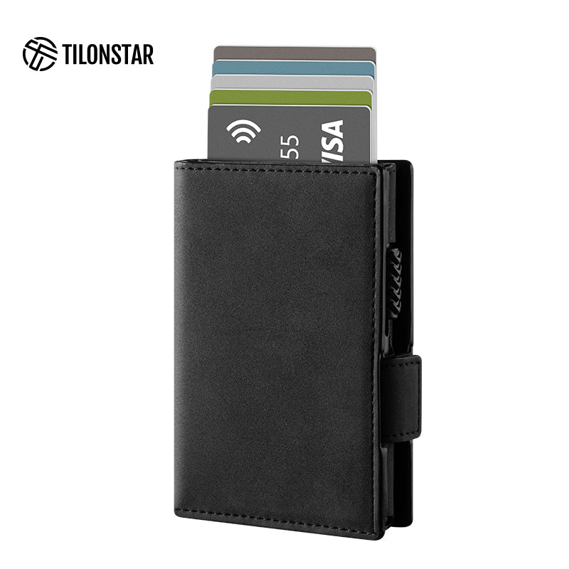 TVC317- Side Slider Mechanism, Bifold Leather Credit Card Holder Wallet With AirTag Protection Case