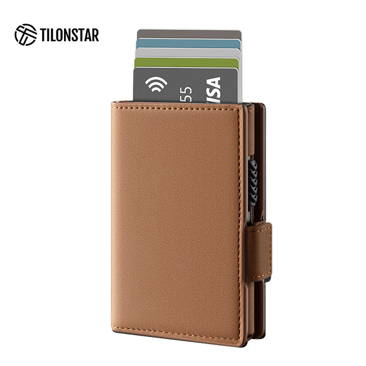 TVC317- Side Slider Mechanism, Bifold Leather Credit Card Holder Wallet With AirTag Protection Case