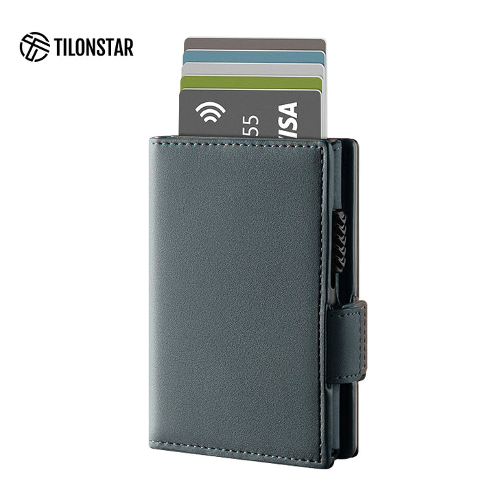 TVC317- Side Slider Mechanism, Bifold Leather Credit Card Holder Wallet With AirTag Protection Case