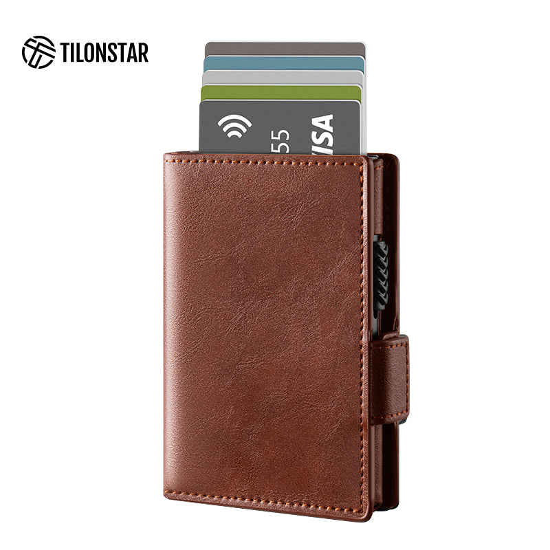 TVC317- Side Slider Mechanism, Bifold Leather Credit Card Holder Wallet With AirTag Protection Case