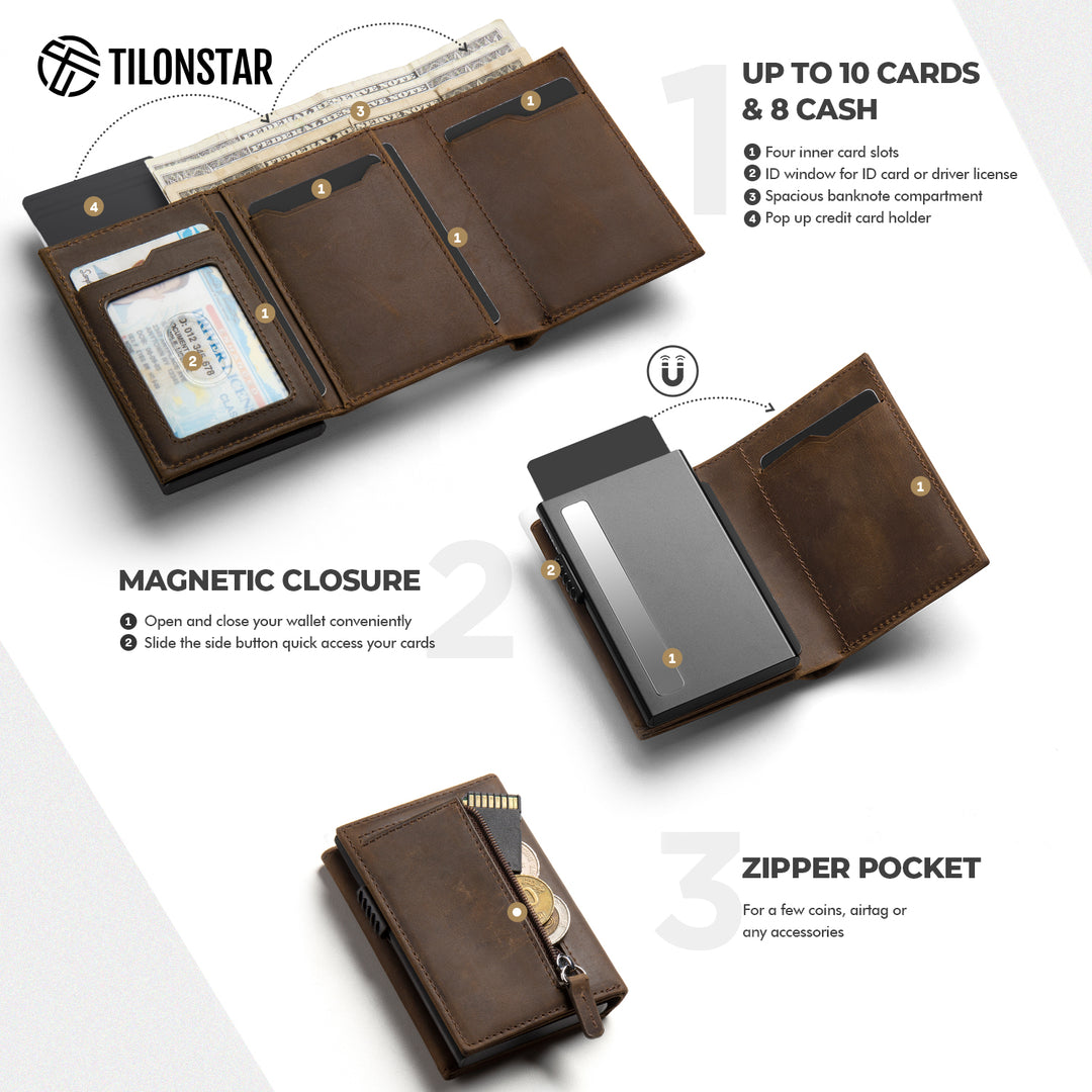 TVC302C Card Holder - Pop Up Crazy Horse Genuine Leather Tri-fold Wallet,TILONSTAR