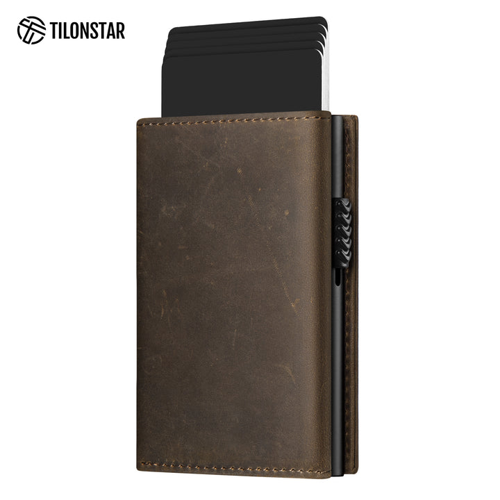 TVC302C Card Holder - Pop Up Crazy Horse Genuine Leather Tri-fold Wallet,TILONSTAR
