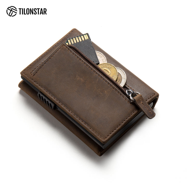 TVC302C Card Holder - Pop Up Crazy Horse Genuine Leather Tri-fold Wallet,TILONSTAR