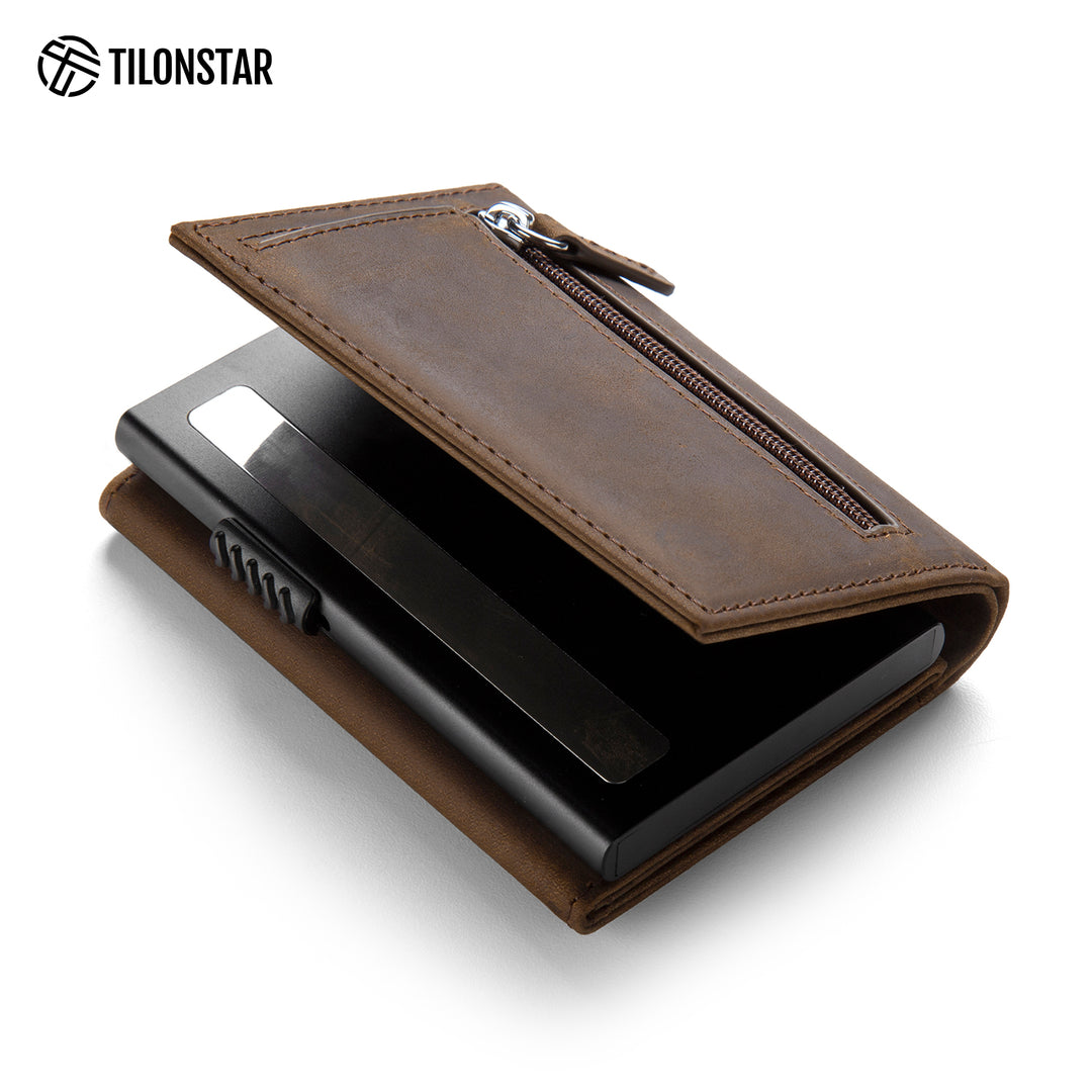TVC302C Card Holder - Pop Up Crazy Horse Genuine Leather Tri-fold Wallet,TILONSTAR