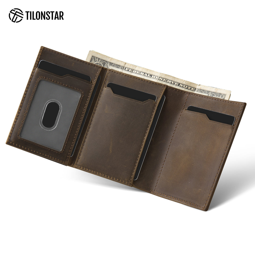 TVC302C Card Holder - Pop Up Crazy Horse Genuine Leather Tri-fold Wallet,TILONSTAR