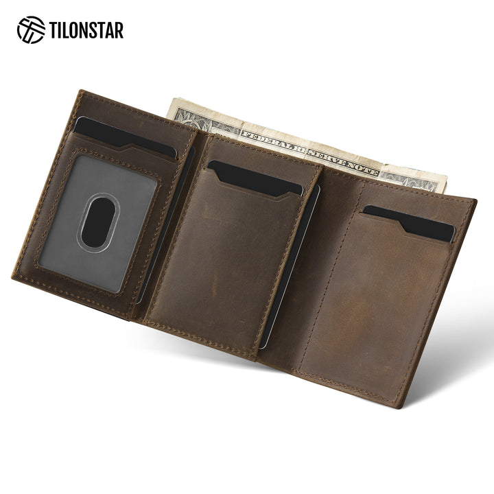 TVC302C Card Holder - Pop Up Crazy Horse Genuine Leather Tri-fold Wallet,TILONSTAR