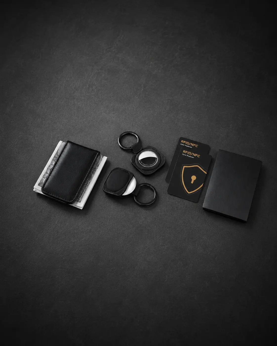 TILONSTAR accessories collection featuring leather money clip AirTag holder RFID cards on dark background