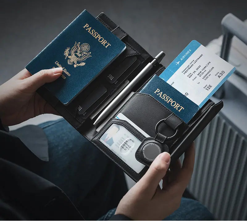TILONSTAR custom passport holder with travel organization and AirTag compatibility