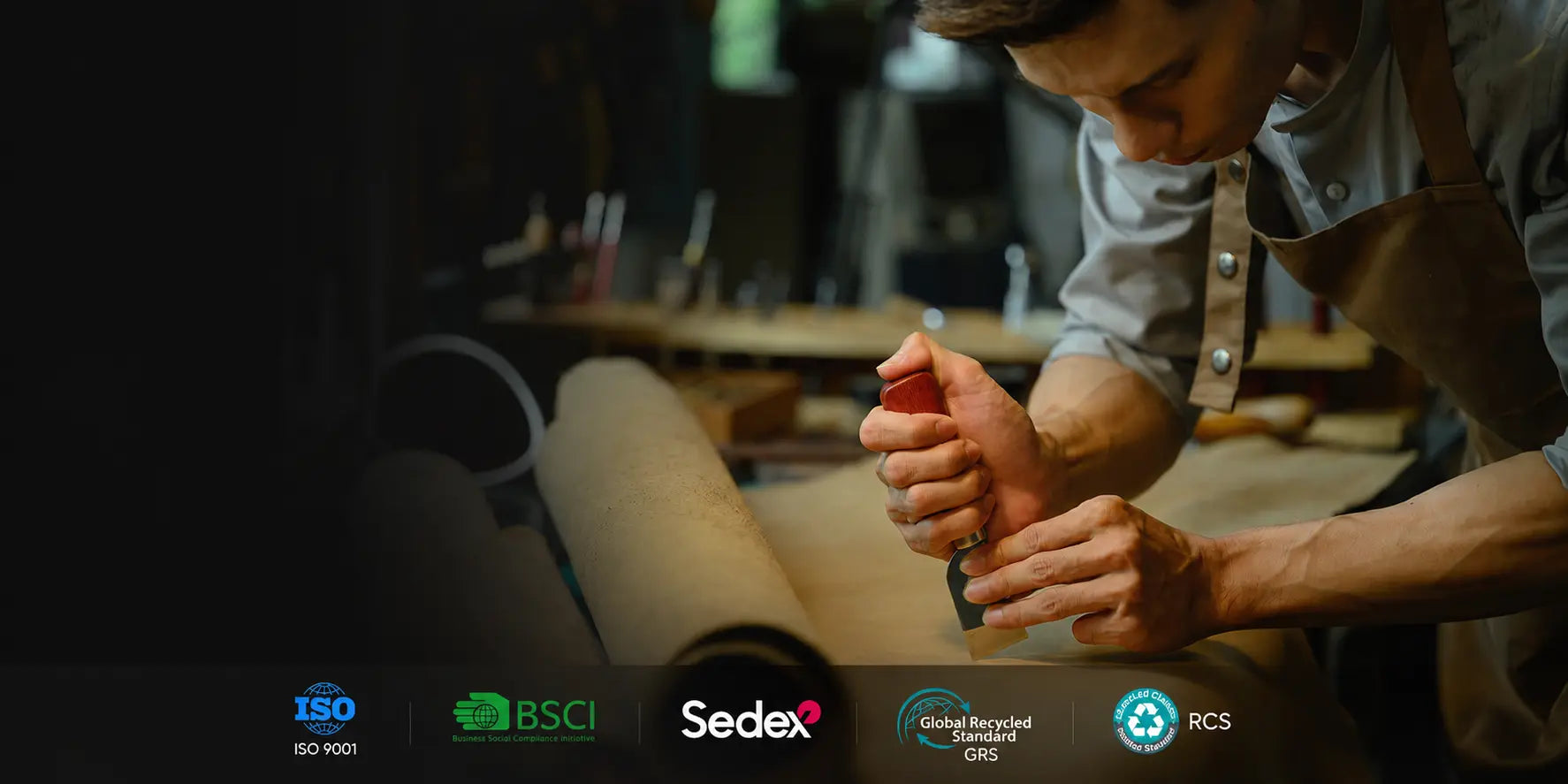 TILONSTAR crafts leather wallets in workshop with ISO, BSCI, Sedex, GRS and RCS certifications.
